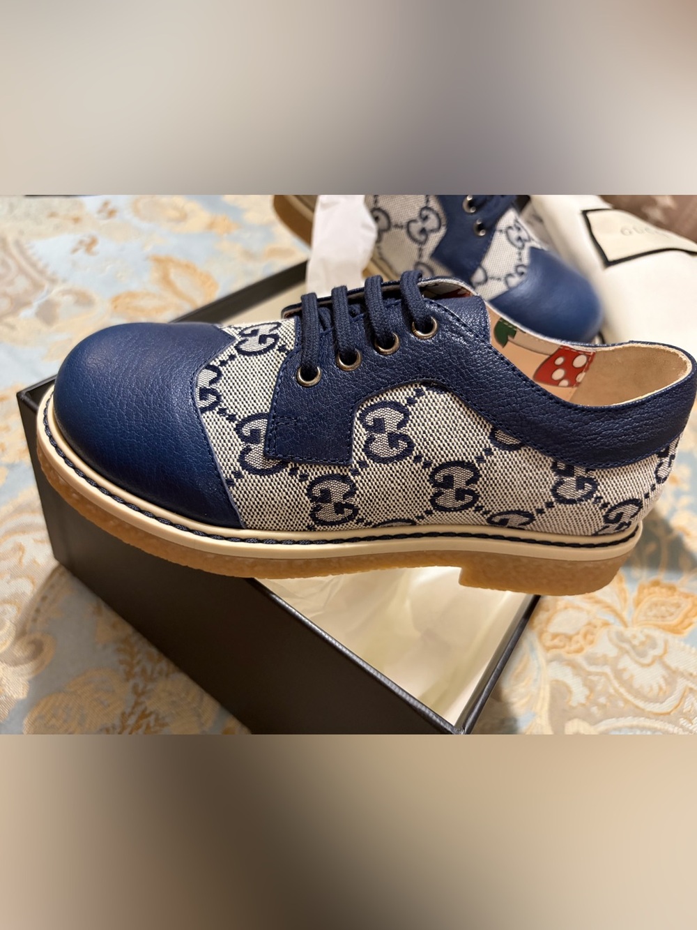 Gucci Blue Leather and Monogram Canvas Sneakers